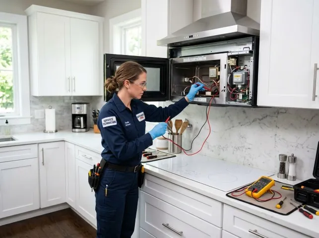 Appliance Repair Hero technician testing an over-the-range microwave in a Alamo, CA kitchen